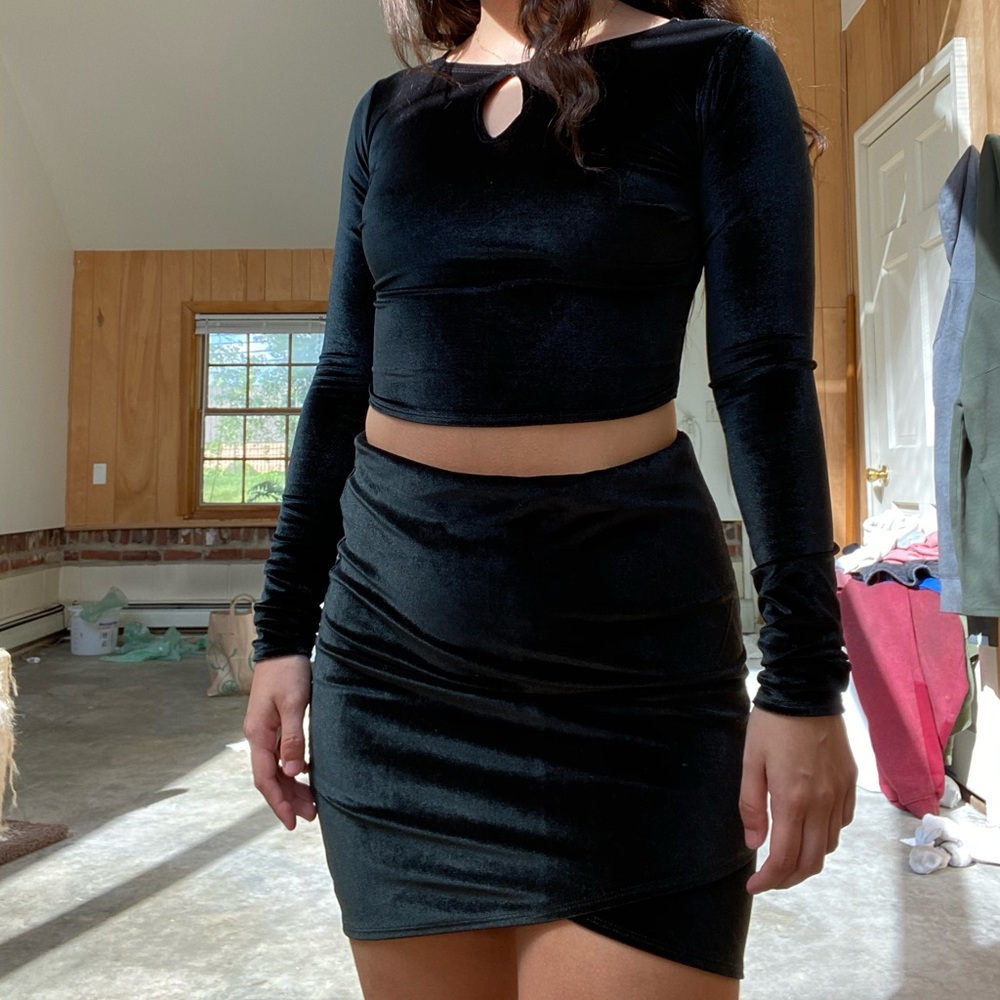 Two piece velvet long sleeve shirt and skirt